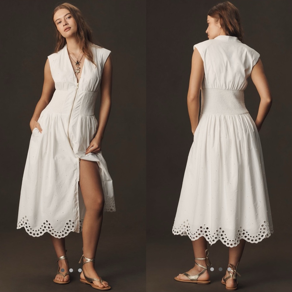 The Tommie Cap Sleeve smocked front zip shirt dress eyelet trim edition
